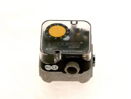 Druckwächter von Bosch mit transparentem Gehäuse, sichtbarem Manometer und Anschlüssen. Gerät zur Überwachung von Druckwerten in technischen Systemen.